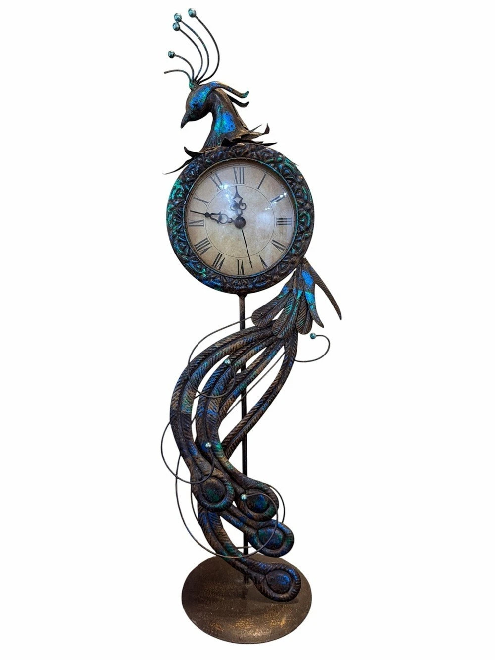 Metal Art Sculpture Peacock Clock 18" Tabletop Aqua Beads Iridescent Copper Tone